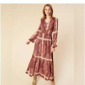 Altar'd State Burgundy and Cream Long Sleeve Dress